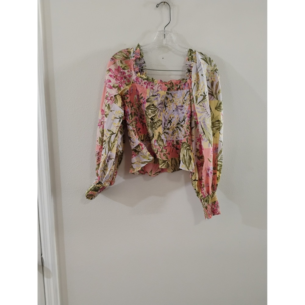 Fate Floral Patchwork Smocked Puff Sleeve Top Pink Yellow Green Size M